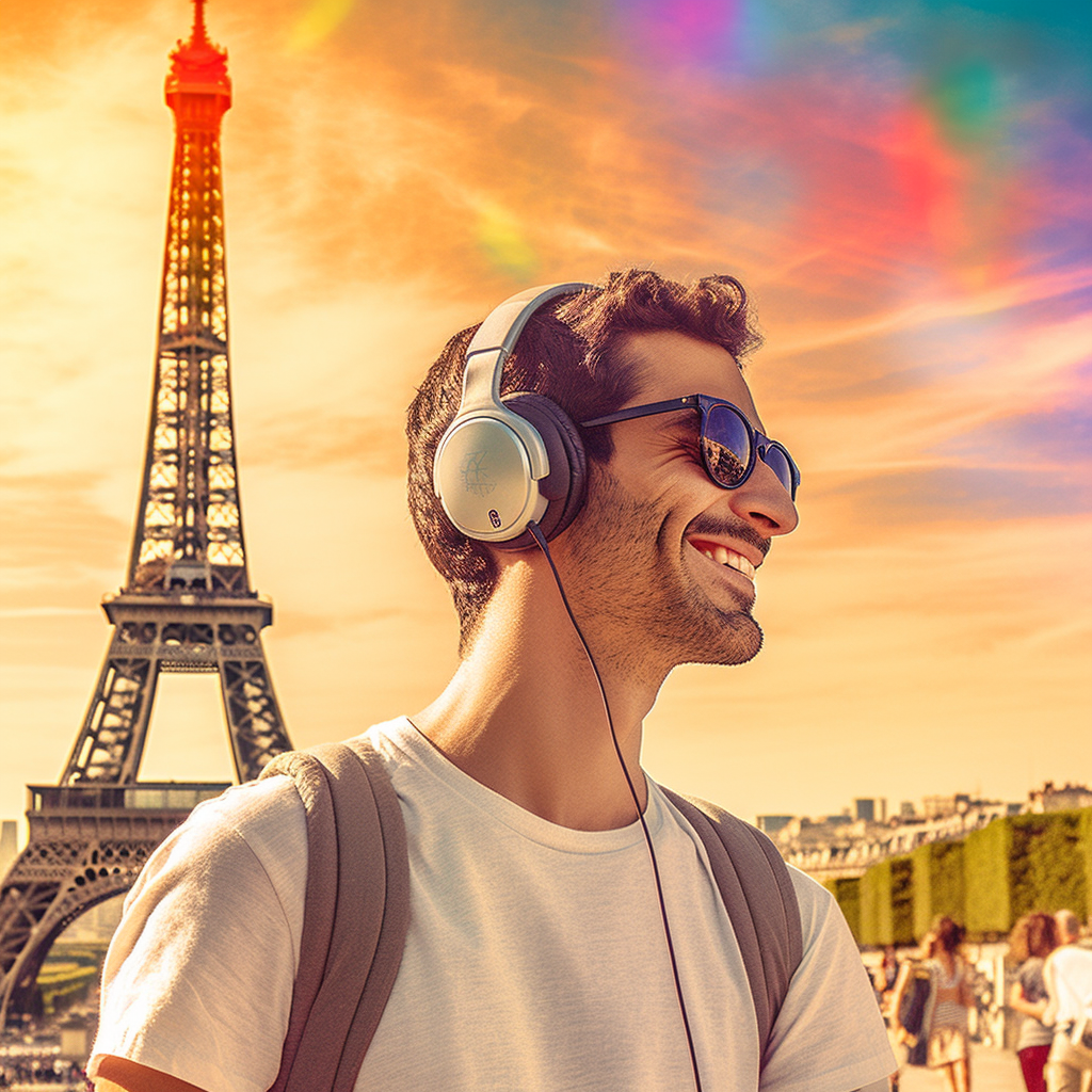 Man standing next to the Eiffel tower listening to podcasts